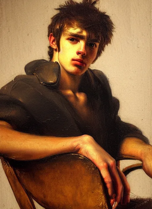 Prompt: painting of a young man sitting on a chair with a thinking and contemplating on life look. oil painting by jan matejko, soft lighting, classical art, oil on canvas, wet - on - wet technique, close up on face. beautiful, elegant, sharp focus, highly realistic, intricate textures, illusionistic detail,