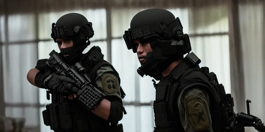 Image similar to vfx film, swat team squad crew, breach and clear, gang house, flat color profile low - key lighting award winning photography arri alexa cinematography, cinematic beautiful natural skin, famous face, atmospheric cool color - grade