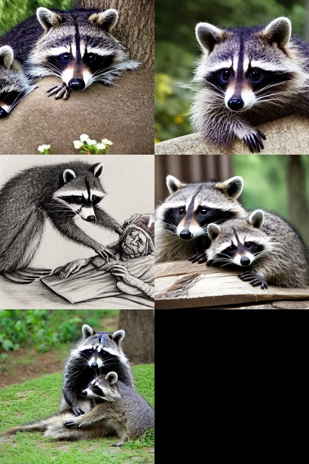 Prompt: a Raccoon comforting an old woman on her death bed