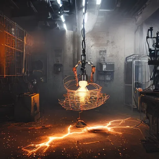 Image similar to oversized egg beater, tangles of metallic cables, dark messy smoke - filled cluttered workshop, dark, dramatic lighting, orange tint, sparks, plasma charges, cinematic, highly detailed, sci - fi, futuristic, movie still