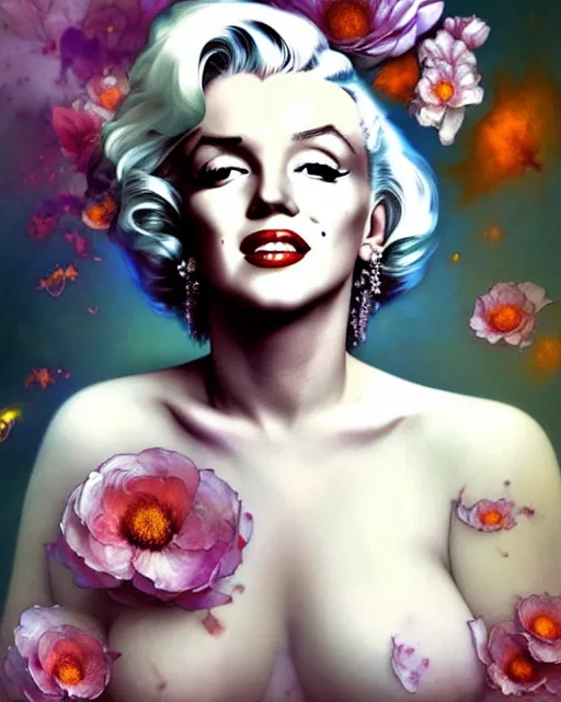 Image similar to Marilyn Monroe, flowers, calm, 4k digital masterpiece by Anna Dittman and Alberto Seveso Ruan Jia, rossdraws, artgerm and greg rutkowski and alphonse mucha and loish and WLOP, fantasycore, Hyperdetailed, fractals, scribble art, realistic digital painting, atmospheric, fireflies, soft lighting, featured on Artstation