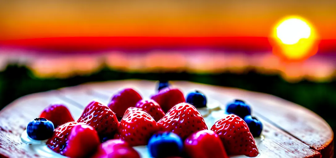Prompt: A photo of a swedish cake from the side on a wooden table, with cream spread on the sides and strawberries, raspberries and blueberries placed in circles on top. Sunset in the back. 4K. Cinematic lighting. High detail. Realistic. Delicious.