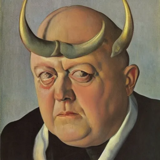 Prompt: Aleister Crowley with horns and hooves by Raphael, Hopper, and Rene Magritte. detailed, romantic, enchanting, trending on artstation