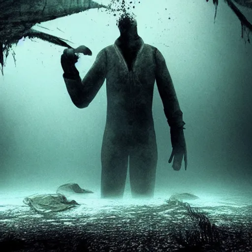 Image similar to underwater abyss,'silent hill ', deep, monster, two eyes, cinematic, realistic, dramatic