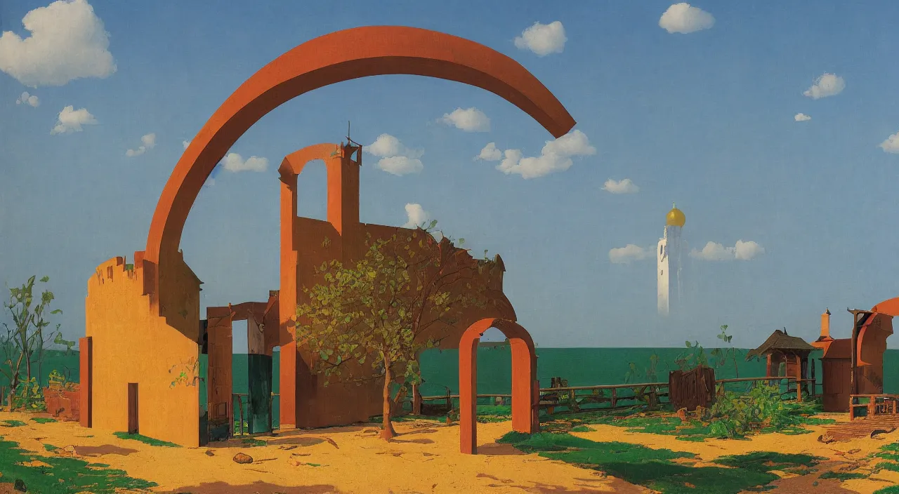 Image similar to single flooded simple wooden arch! tower, very coherent and colorful high contrast!! masterpiece by rene magritte simon stalenhag carl spitzweg syd mead norman rockwell edward hopper james gilleard, minimalist, dark shadows, sunny day, hard lighting