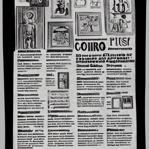 Prompt: A full page advertisement for a colonial gallery, Precolombian artifacts, masks, objects, newspaper style, black and white, Precolombian Arts magazine, 70s