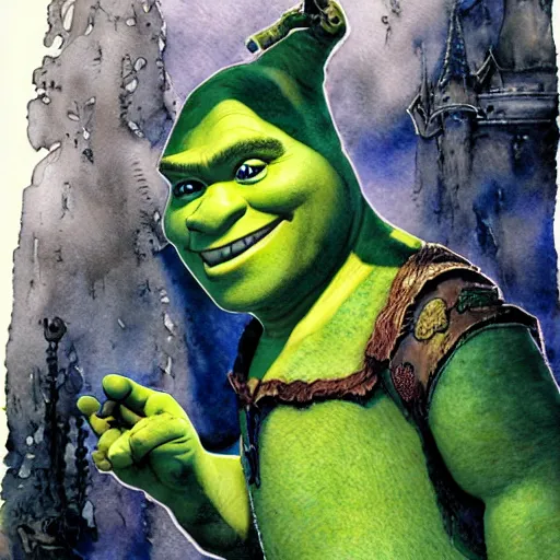 Image similar to Shrek 2 illustrated by Yoshitaka Amano highly detailed watercolor
