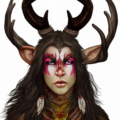 Image similar to tiefling druid with deer antlers growing out of their head and large tribal jewelry and face paint