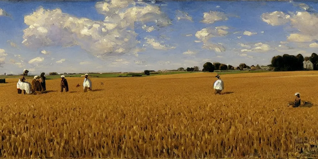 Image similar to a field full of Amish Farmers shocking wheat by John Singer Sargent