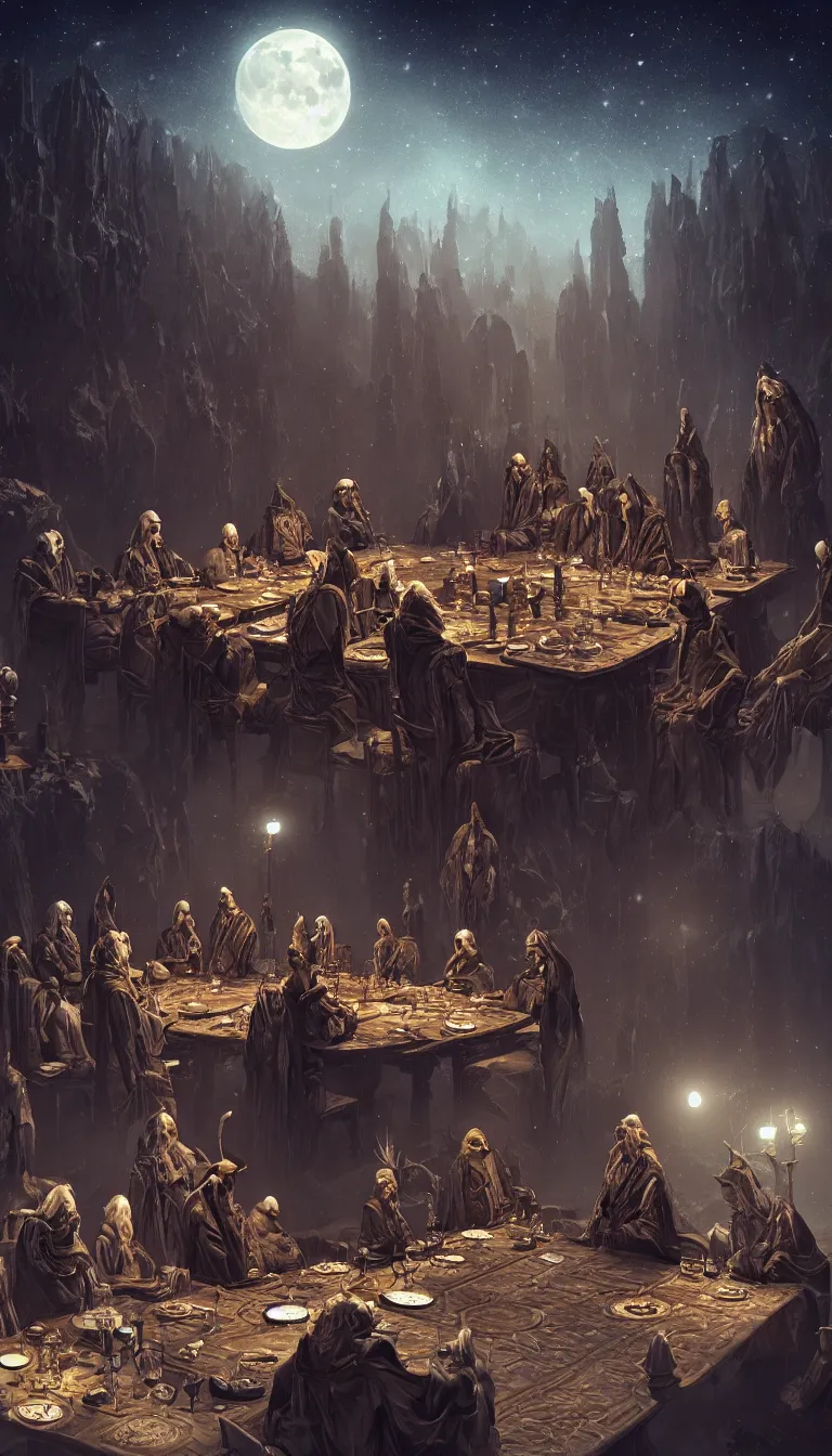 Image similar to A meeting of the council of elders, robed figures sat around a table, beautiful architecture, night time, stars visible, beautiful moon light, concept art, fantasy art, digital art by michal karcz, trending on artstation, highly detailed, 8k