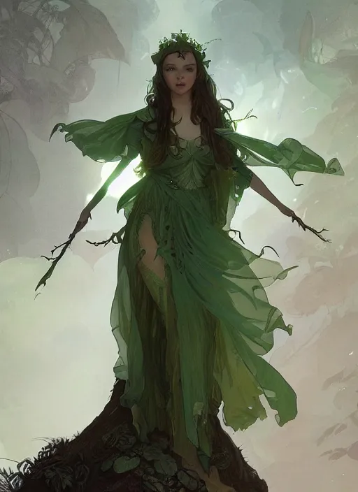 Image similar to a beautiful cute young green fairy, D&D, fantasy, intricate, cinematic lighting, highly detailed, digital painting, artstation, concept art, smooth, sharp focus, illustration, art by Terry Moore and Greg Rutkowski and Alphonse Mucha