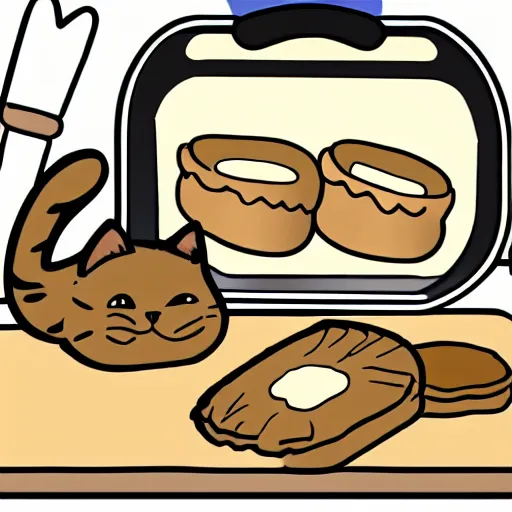 Prompt: illustration of cat baking biscuits