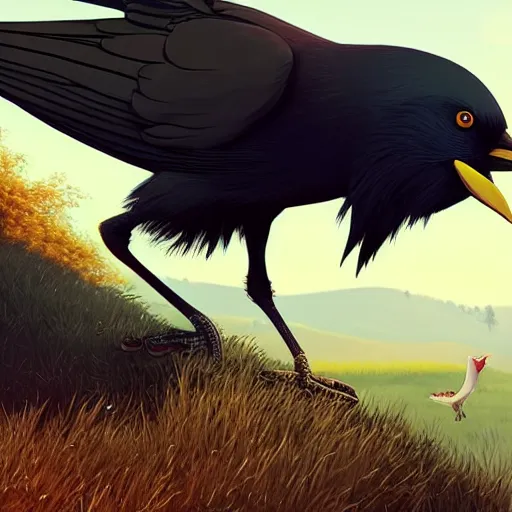 Image similar to a wholesome animation key shot of a crow on a hill, portrait shot, studio ghibli, pixar and disney animation, sharp, rendered in unreal engine 5, anime key art by greg rutkowski, bloom, dramatic lighting, golden hour