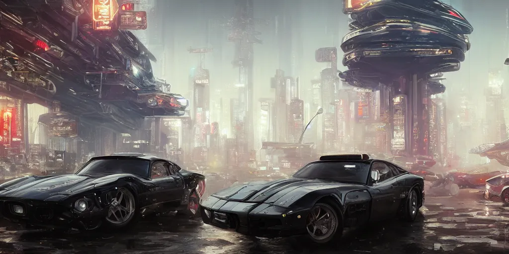 Image similar to full view of a car, intricate, elegant, highly detailed, digital painting, concept art, smooth, sharp focus, art style from Wang Ke and Greg Rutkowski and Bruce Kaiser and Scott Robertson and Dmitry Mazurkevich and Doruk Erdem and Jon Sibal, small style cue from Blade Runner and Total Recall and Cyberpunk 2077