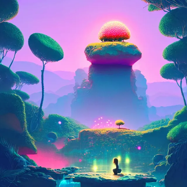 Prompt: a natalie portman sitting on rock, surrounded by bio - luminescent, glowing peaceful serene sentient solarpunk, jungle. in the style of katamari damacy, scattered glowing pink fireflies, soft vaporwave liminal aesthetic. 3 d blender by tomer hanuka, greg rutkowski, beeple, sharp focus, digital painting, concept art