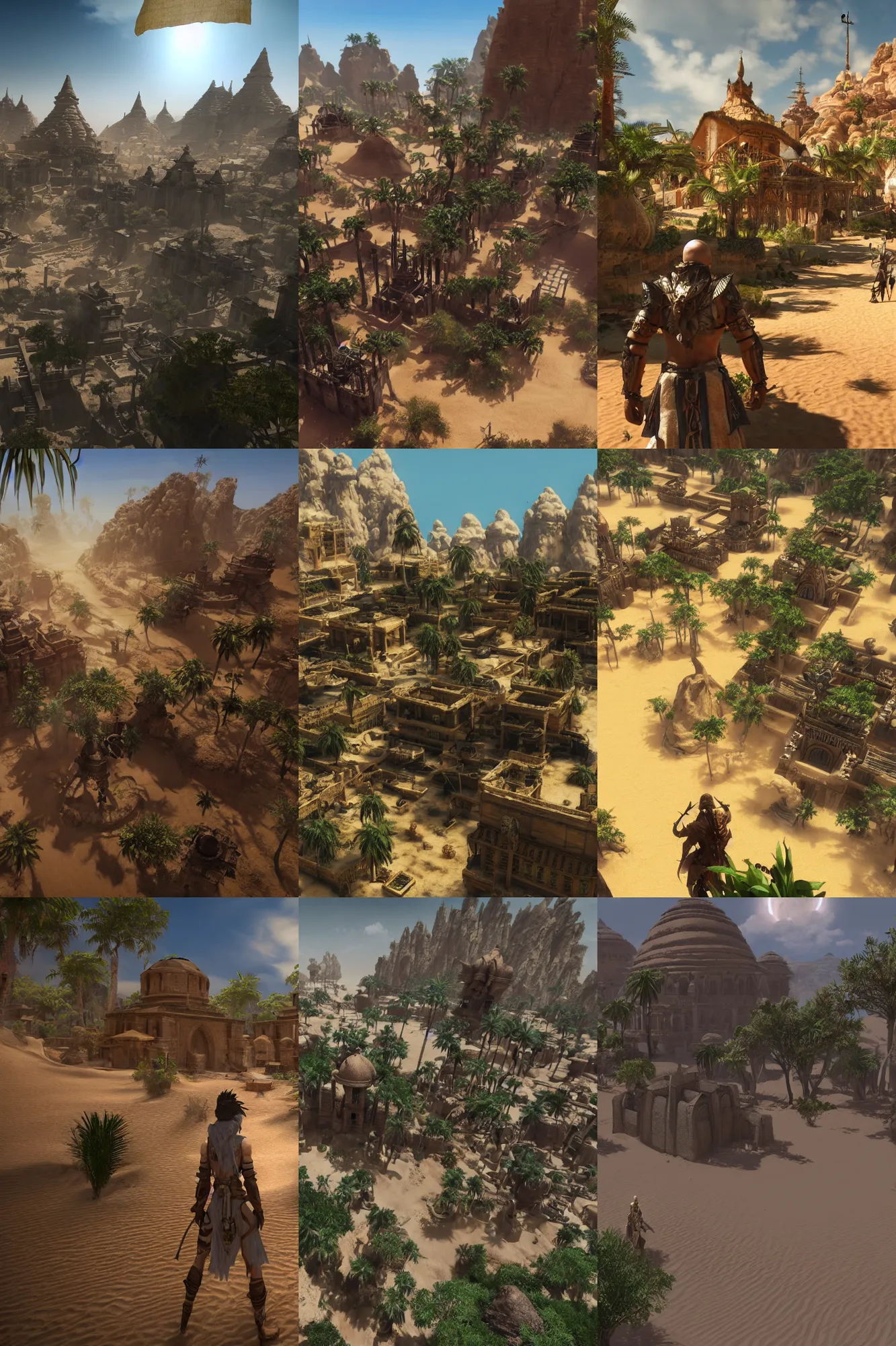 Prompt: an isolated bustling religious warrior village with spiritual sacred alien architecture in the lush oasis of a vast hot sand desert, 3 rd person action adventure, screenshot, gameplay, final fantasy, square enix, jrpg, cutscene, unreal engine, 4 k, ultra high settings, rtx, next gen graphics, playstation 5