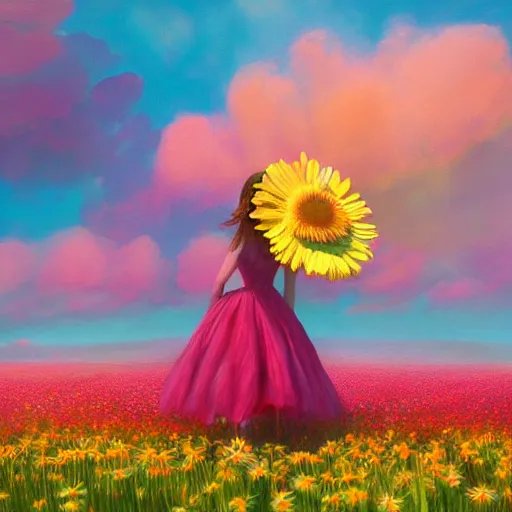 Prompt: giant daisy flower as a head, full body girl standing in a flower field, surreal photography, sunrise, dramatic light, impressionist painting, colorful clouds, digital painting, artstation, simon stalenhag