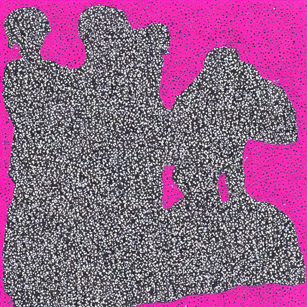 Image similar to camo made of out teeth, smiling, abstract, maya bloch artwork, pink convertible, do hoang tuong artwork, cryptic, dots, stipple, lines, splotch, concrete, color tearing, pitch bending, faceless people, tribal, dark, ominous, eerie, minimal, points, technical, painting