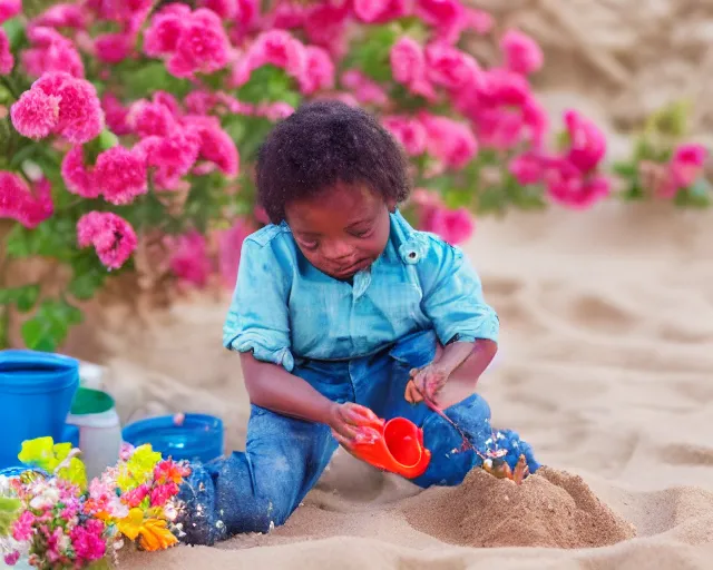 Prompt: 8 5 mm food photography of sylvester stalone playing with toys near a garden with sand with dof and bokeh and flowers o