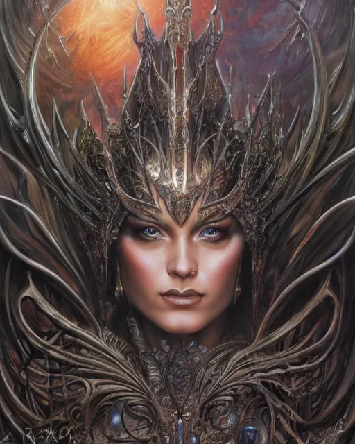 Image similar to a highly detailed airbrush painting of an evil female fantasy sorceress with piercing beautiful eyes art by karol bak and donato giancola and mark brooks, centered, full size, hires, 4 k, high resolution, sharp focus