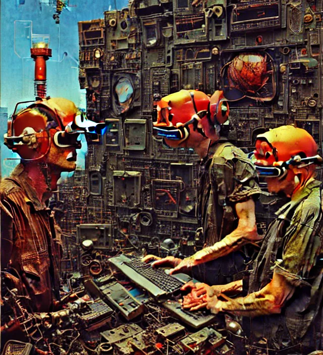 Prompt: junky men with computer, cybertronic gadgets and vr helmet, durty colours, rotten textures, rusty shapes, flesh + technology, biotechnology, norman rockwell, tim hildebrandt, dariusz zawadzki, bruce pennington, larry elmore, intricate, hyperrealistic oil painting on canvas, deep depth field, cinematic composition, hyper - detailed