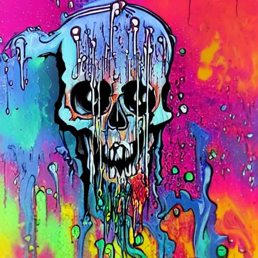 Prompt: drippy, dripping paint, skull, trippy, Miyazaki style, exaggerated accents