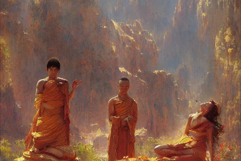 Prompt: buddhism, painting by gaston bussiere, greg rutkowski, jean giraud