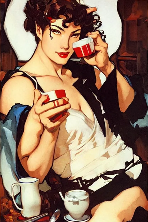 Prompt: attractive hercules played as a woman drinking coffee, painting by j. c. leyendecker, yoji shinkawa, katayama bokuyo