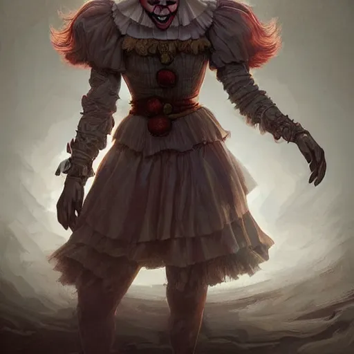 Image similar to an epic fantasy comic book style full body portrait painting of pennywise. d & d. fantasy. intricate. elegant. highly detailed. digital painting. artstation. concept art. matte. sharp focus. illustration. art by artgerm and greg rutkowski and alphonse mucha