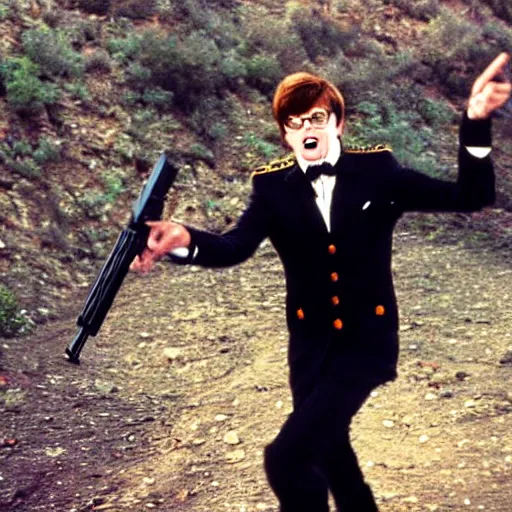 Image similar to austin powers shooting an ak - 4 7, photography, movie,