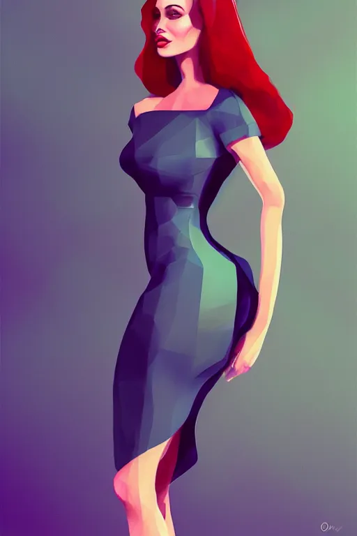 Image similar to full length illustration of very beautifully female looking like angelina jolly with amazing body figure, wearing tight dress, ponytail haircut, digital painting, trending on art station and devian art, pop art, low polygons illustration