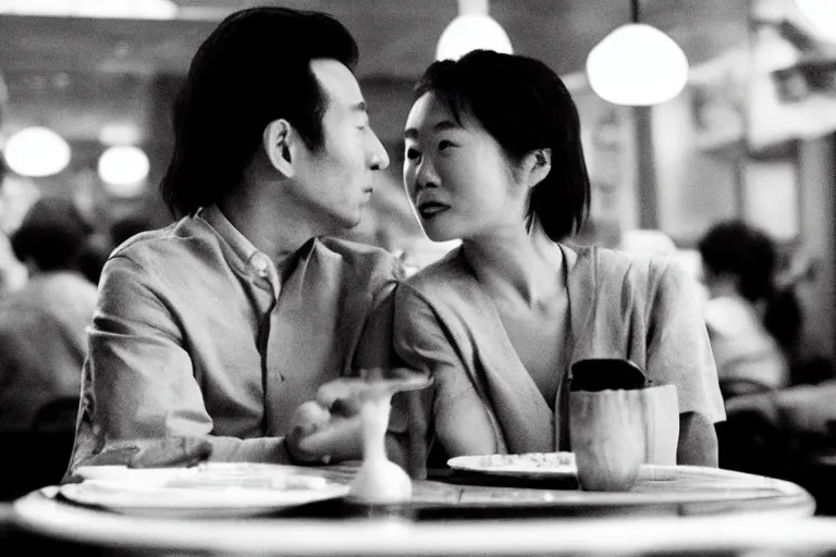 Image similar to movie interior closeup beautiful Japanese couple closeup sitting and talking at 50s diner, night in the city, beautiful skin, by Emmanuel Lubezki