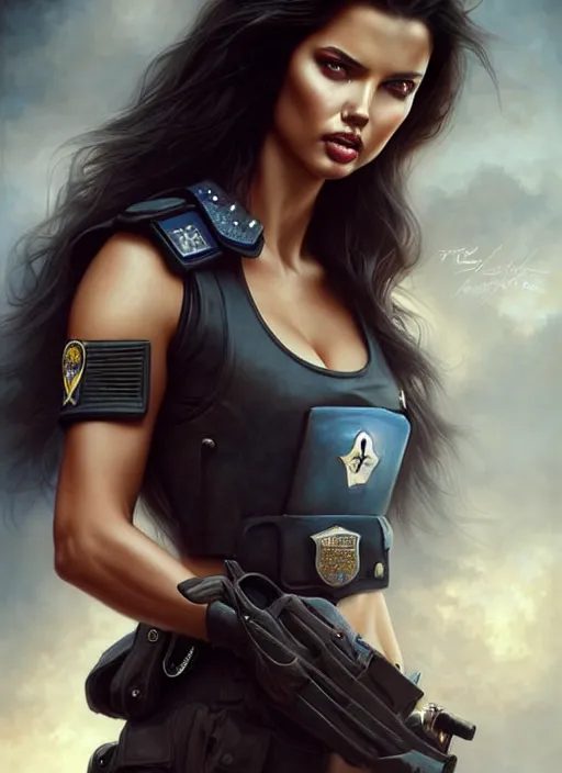 Image similar to a beautiful woman with police uniform, adriana lima, painted by artgerm and tom bagshaw, fantasy art, dramatic lighting, highly detailed oil painting