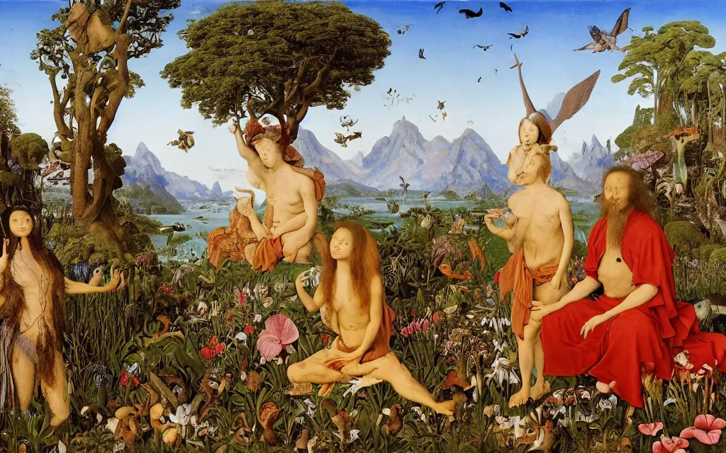 Image similar to a portrait photograph of a meditating harpy and a centaur king feeding tropical animals at a wide river delta. surrounded by bulbous flowers, animals, trees and mushrooms. mountain range under a vast blue sky of burning stars. painted by jan van eyck, max ernst, ernst haeckel and artgerm, cgsociety, artstation, fashion editorial