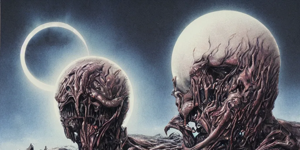 Image similar to the eclipse from berserk, creepy, melting, since, horror, art by wayne barlowe, giger, artgerm