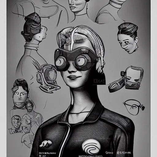 Image similar to pixar 3 d style retrofuture tattooed stoic heroic emotionless dirty butch blonde woman mechanic with very short slicked - back hair, full body, uncomfortable awkward and anxious, wearing dark - lensed victorian goggles, wearing dirty ripped flight suit, trudging through fantastic planet, valerian, moebius, rough paper, sci fi, behance hd