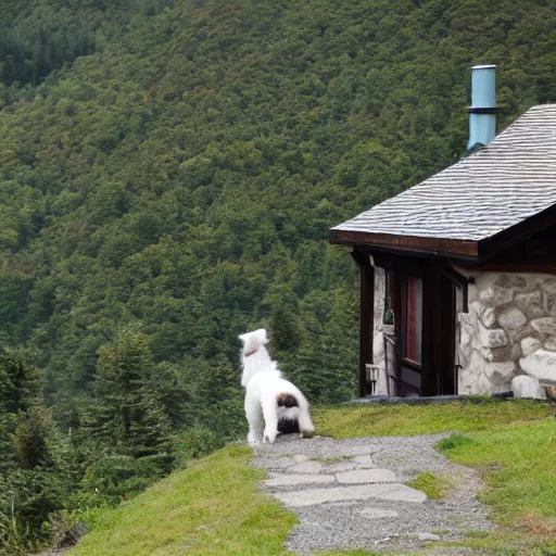 Image similar to a border collie sat outside a mountain cottage