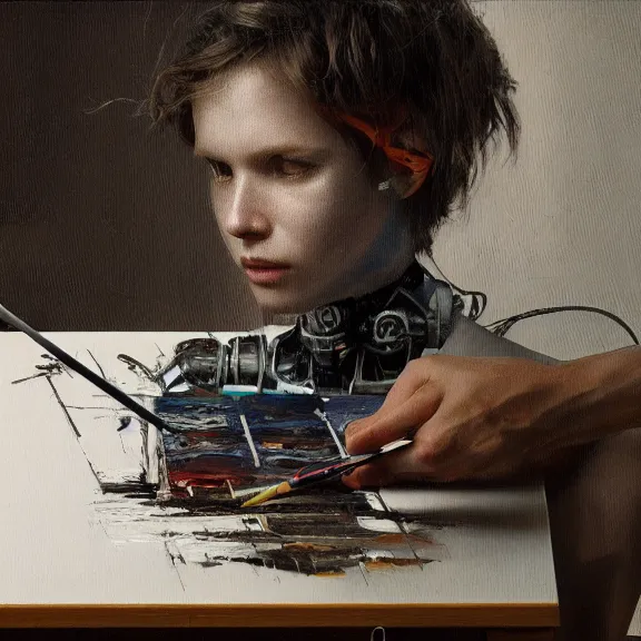 Image similar to robot artist painting a self - portrait on a canvas. intricate, highly detailed, photorealistic, film still, by greg rutkowski.