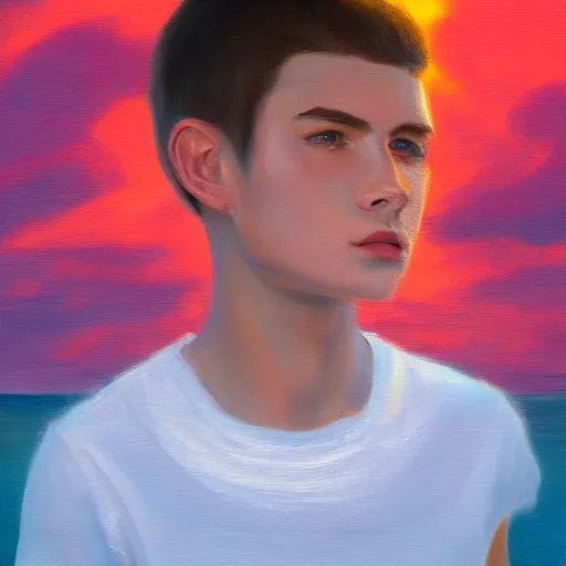 Prompt: an influencer teen guy portrait, sunset, ocean in distance, oil painting, pale colors, high detail, 8 k, wide angle, trending on artstation,