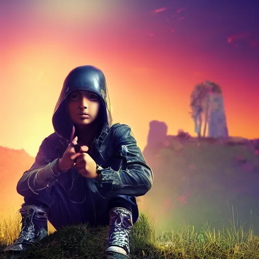 Image similar to young explorer wearing a cyberpunk headpiece, cyberpunk clothes, full body, sitting in a field, monolith ruins in background, sunset, sharp focus, volumetric lighting, highly detailed, by Max Prentis 8k wallpaper