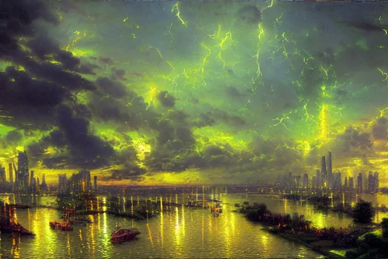 Prompt: Green skies over the city during a thunderstorm by thomas kinkade