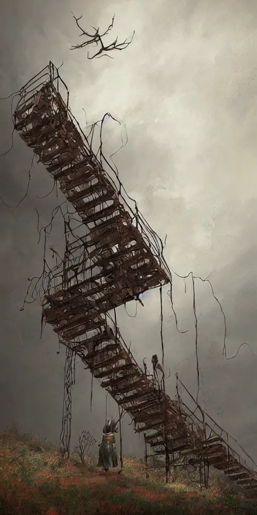 Prompt: a rusty old and wire upside - down edgy giant staircase to heaven, building construction, storm, misty background, in the game pathologic 2, highly detailed, sharp focus, matte painting, by rhads, artgerm, isaac levitan and asher brown durand,