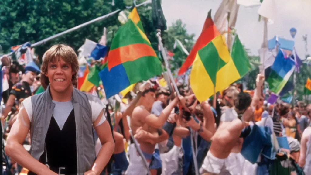 Image similar to rotj luke skywalker goes to pride, getty images, victorious, flags, parade, gay rights, bright smiles, daylight, twenty three year old luke skywalker at gay pride, 3 5 mm photography, very happy, smiling