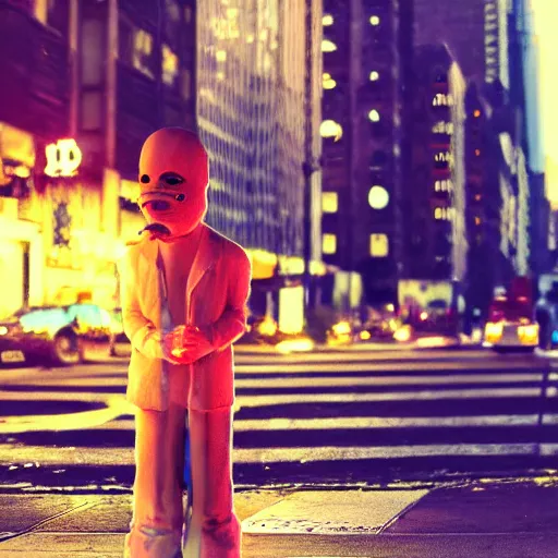 Prompt: digital portrait of Casper the ghost sitting on a NYC sidewalk, smoking a cigarette, city lights, trending on artstation, 8k, 4k, volumetric lighting, lighthearted, cinematic composition, hd, fun