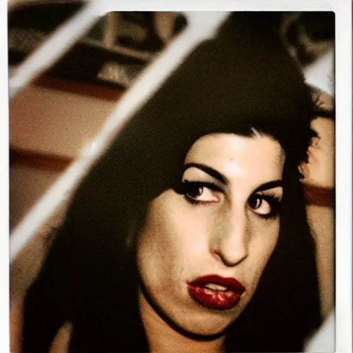 Prompt: polaroid of amy winehouse on a rainy night in the east village at night, raining!