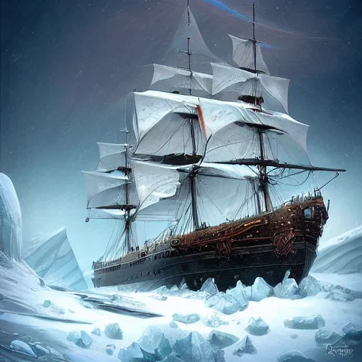 Image similar to a victorian era exploration frigate lost in the arctic in a snowstorm art by artgerm and Todd Shorr, featured on artstation