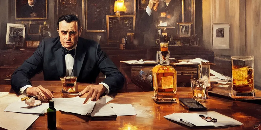 Image similar to beautiful oil matte portrait painting, mafia boss drinking whiskey at his 5 0 s new york office desk, wonderful masterpiece highly detailed, beautiful cinematic light deep focus, elegant, digital painting, smooth, sharp focus, golden ratio, dramatic illumination, ultra realistic, 8 k, art by jimmy law