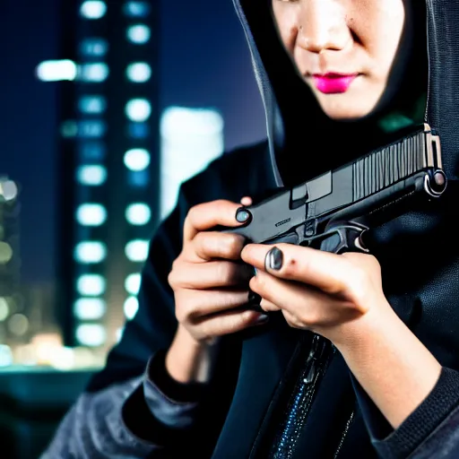 Image similar to photographic portrait of a techwear woman holding a Glock 18, closeup, on the rooftop of a futuristic city at night, sigma 85mm f/1.4, 4k, depth of field, high resolution, 4k, 8k, hd, full color