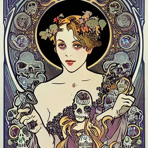 Image similar to a beautiful female necromancer surrounded by skulls by Alphonse Mucha