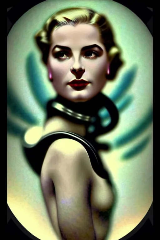 Prompt: young and beautiful evil cyborg grace kelly by steichen in the style of tom bagshaw, alphonse mucha, gaston bussiere, cyberpunk. anatomically correct elegant cybernetic body mods. extremely lush detail. masterpiece. melancholic scene infected by night. perfect composition and lighting. sharp focus. high contrast lush surrealistic photorealism. sultry evil plan.